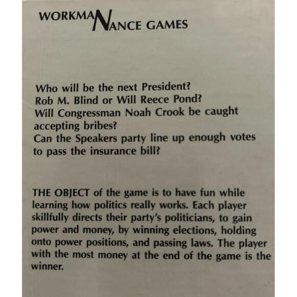 Vintage Rare Political Board Game Capital Hill By Workman Nance Games New Sealed - Picture 2 of 7